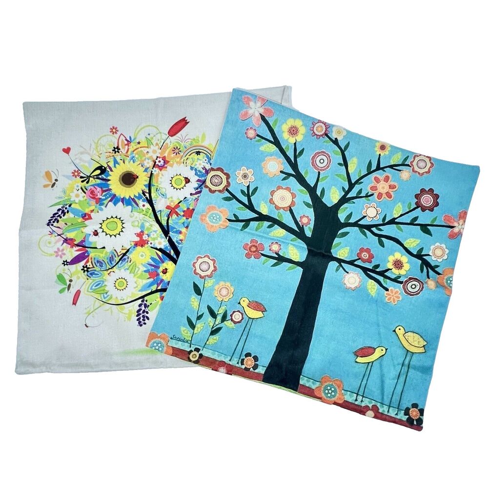 Pillows Covers S/2 Indoor Outdoor Tree of Life and Spring Bouquet Zipper 19"x19"